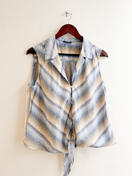 Lafayette 148 New York Tops - LAFAYETTE‎ 148 100% Linen Stripped Sleeveless Button Up Tie Front Shirt